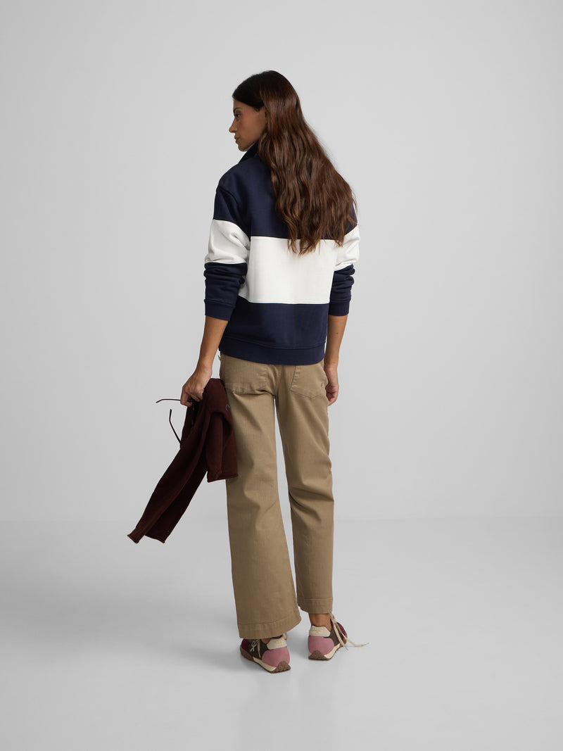 Women's sweatshirt with navy blue striped polo collar