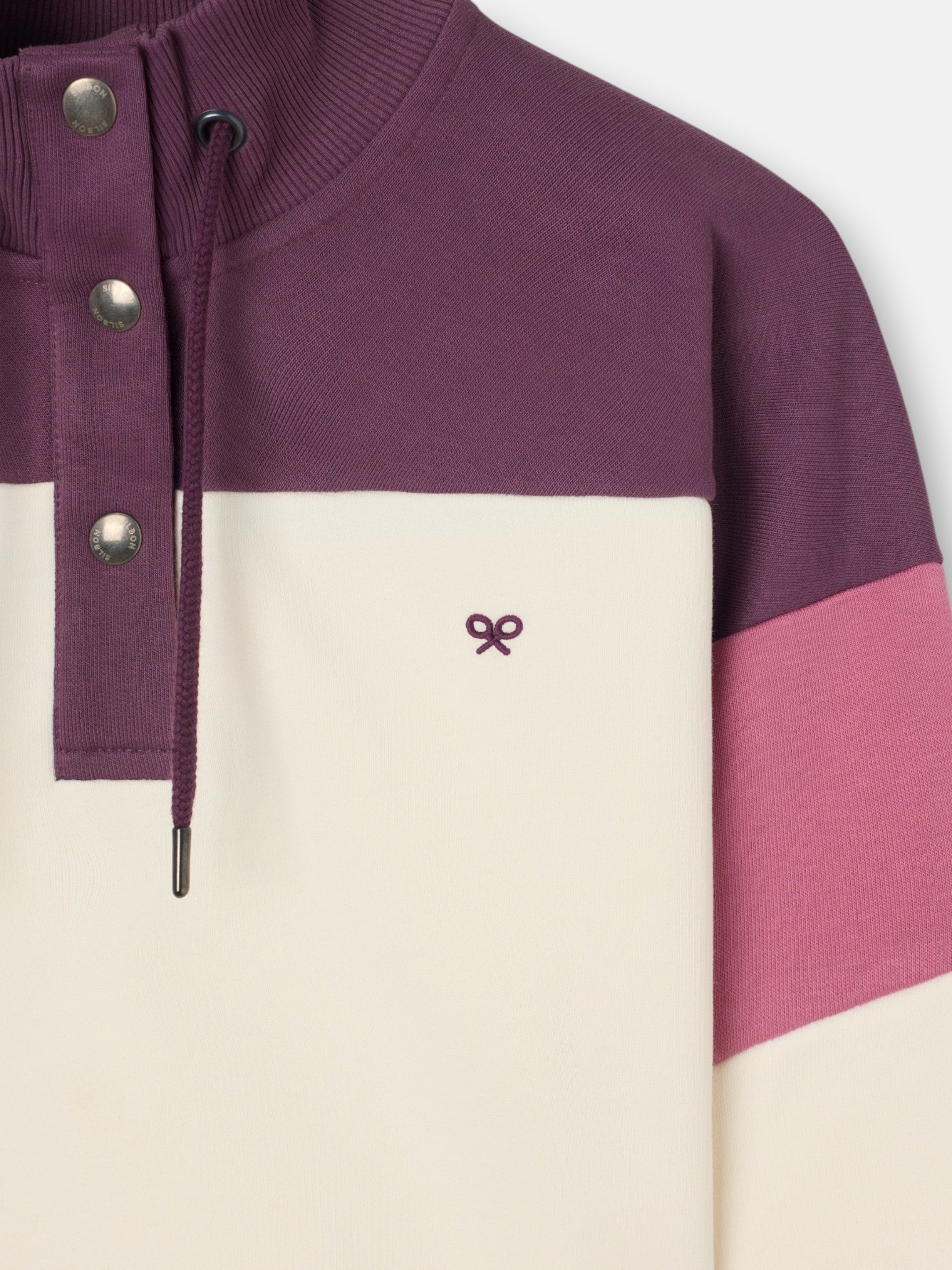 Sudadera woman tricolor cuello botones rosa y crudo