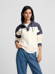 Women's tricolor sweatshirt with buttoned collar in navy blue and off-white