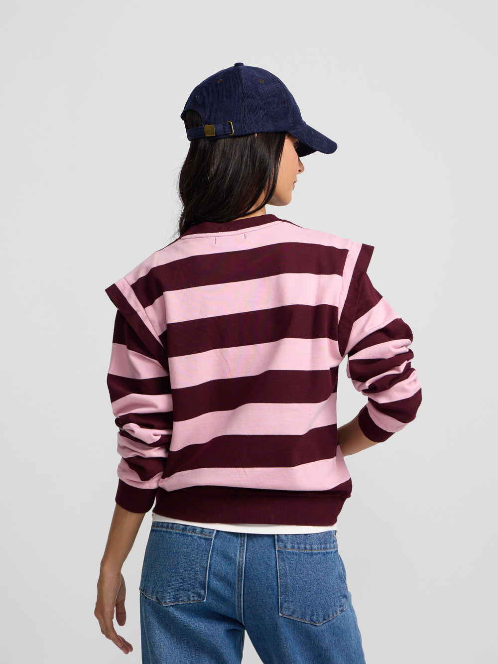 Pink and burgundy striped sweatshirt with shoulder pads