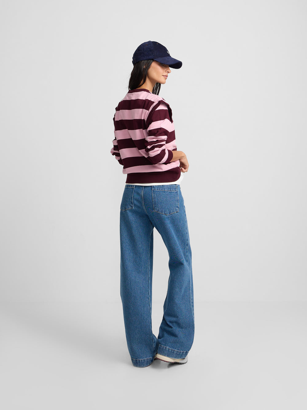 Pink and burgundy striped sweatshirt with shoulder pads