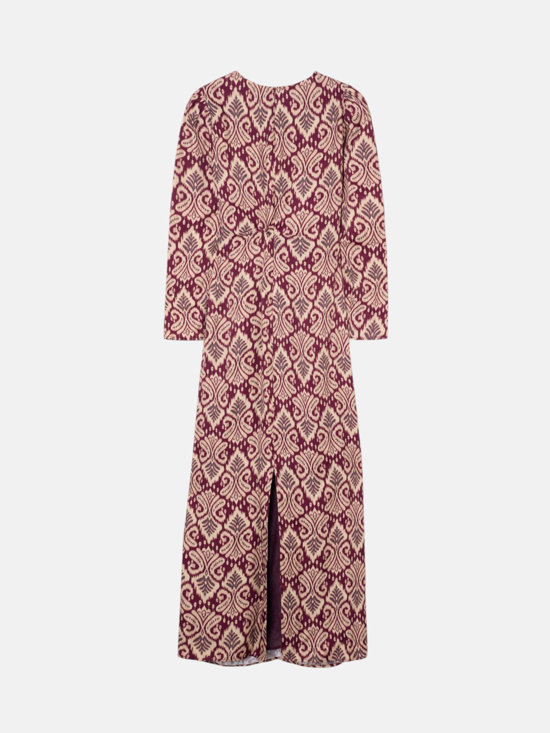 Long draped dress with garnet ikat print