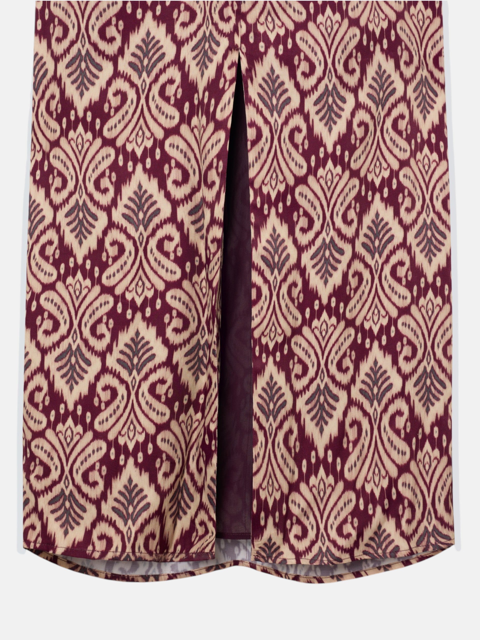 Long draped dress with garnet ikat print