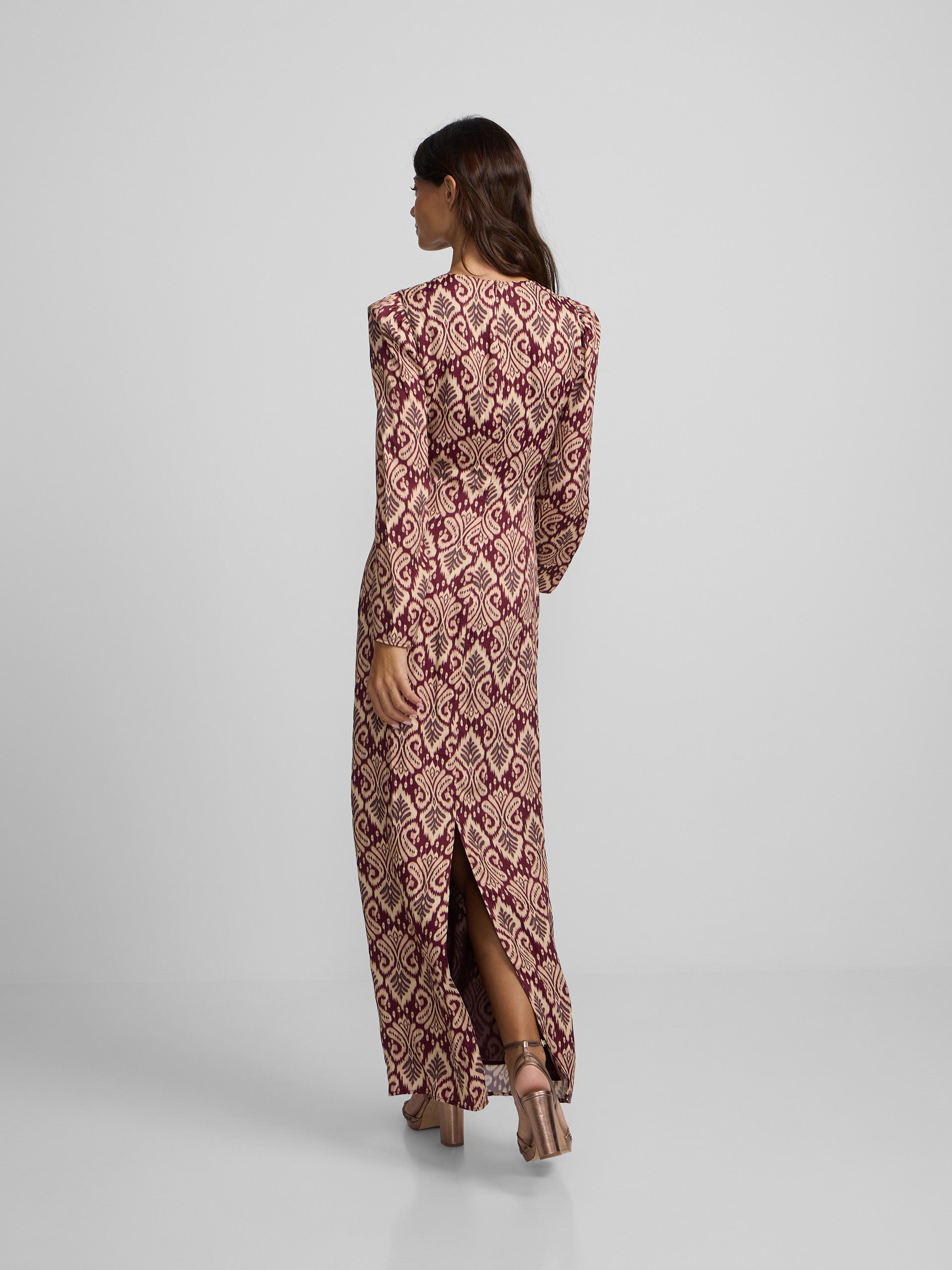 Long draped dress with garnet ikat print