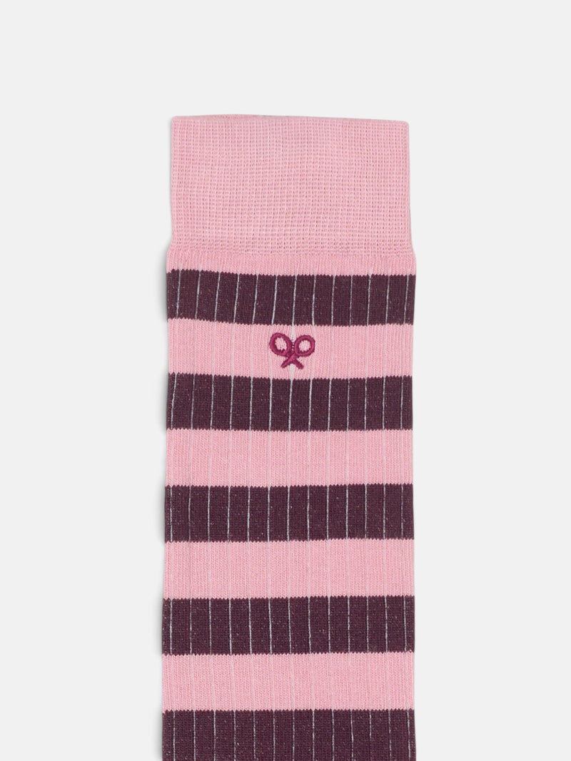 Chaussette longue à rayures roses et bordeaux