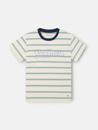 Kids t-shirt fine stripe green stitching