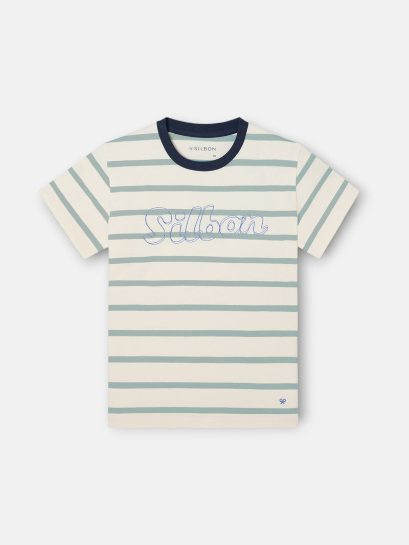 Kids t-shirt fine stripe green stitching