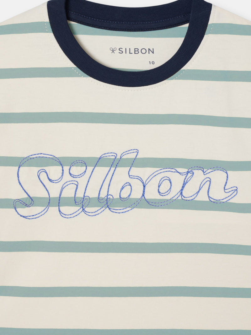 Kids t-shirt fine stripe green stitching