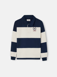 Kids' sweatshirt with striped polo collar and navy blue smile