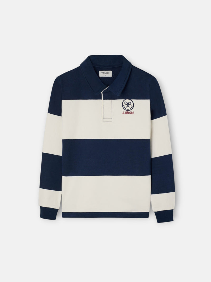 Kids' sweatshirt with striped polo collar and navy blue smile