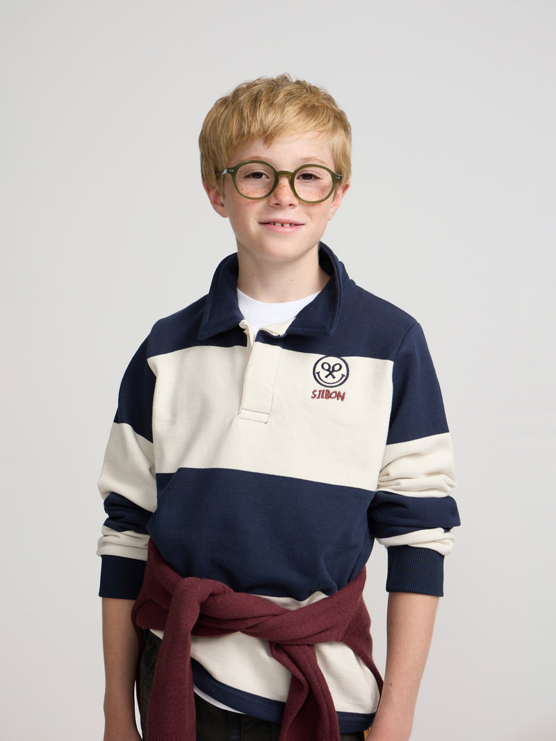 Kids' sweatshirt with striped polo collar and navy blue smile
