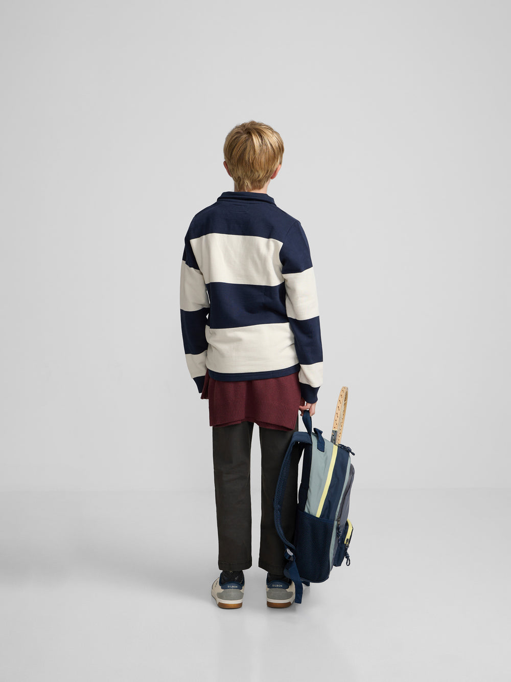 Kids' sweatshirt with striped polo collar and navy blue smile