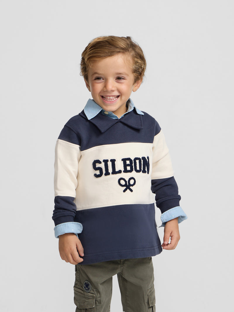 Kids sweatshirt with navy blue block polo collar
