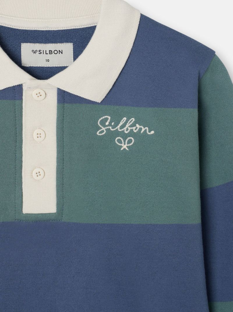Sweat-shirt enfant col polo à larges rayures vert foncé