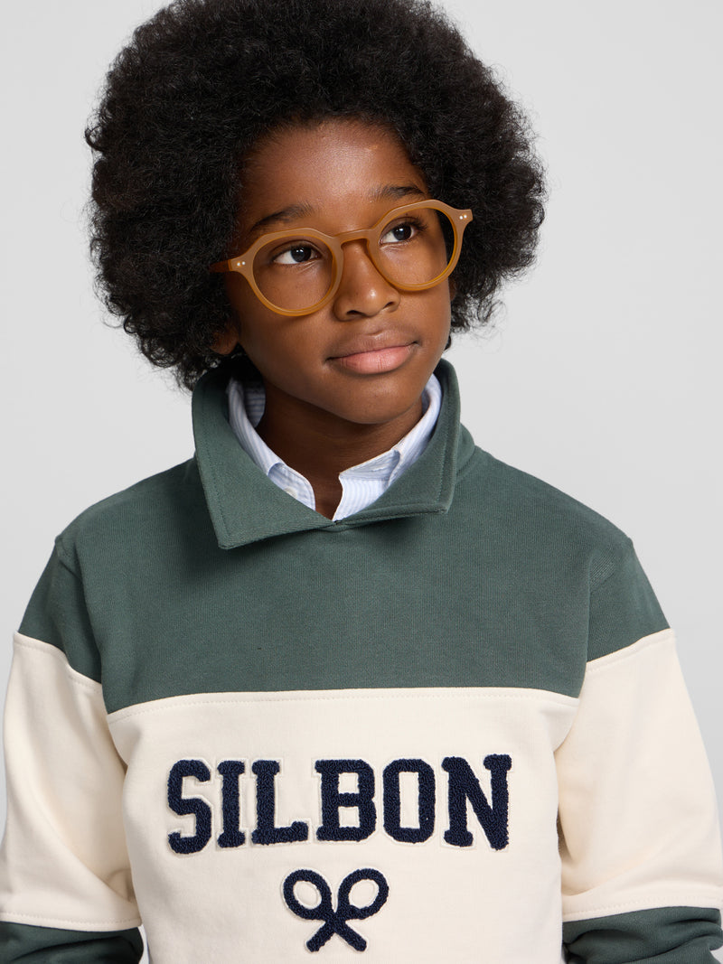 Sweat-shirt enfant col polo bloc vert foncé