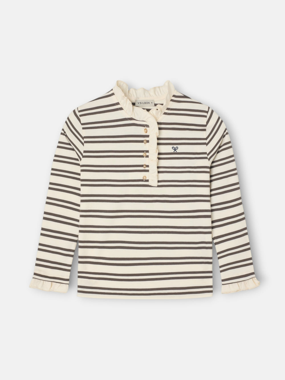 Girl's t-shirt with ruffled collar, camel and ecru stripes