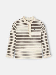 Girl's t-shirt with ruffled collar, camel and ecru stripes