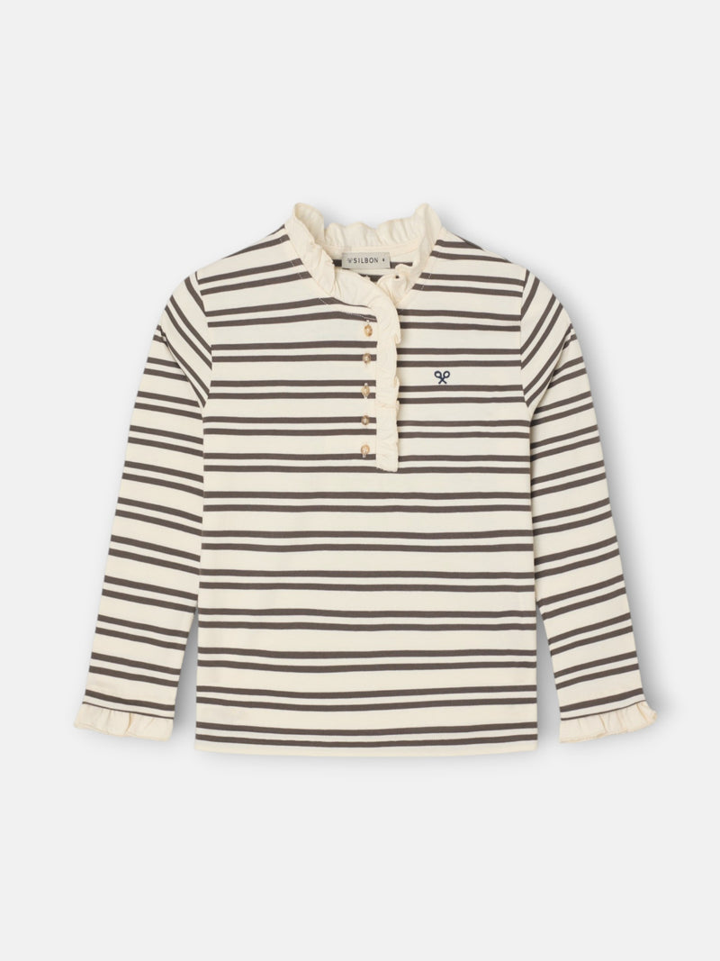 Girl's t-shirt with ruffled collar, camel and ecru stripes