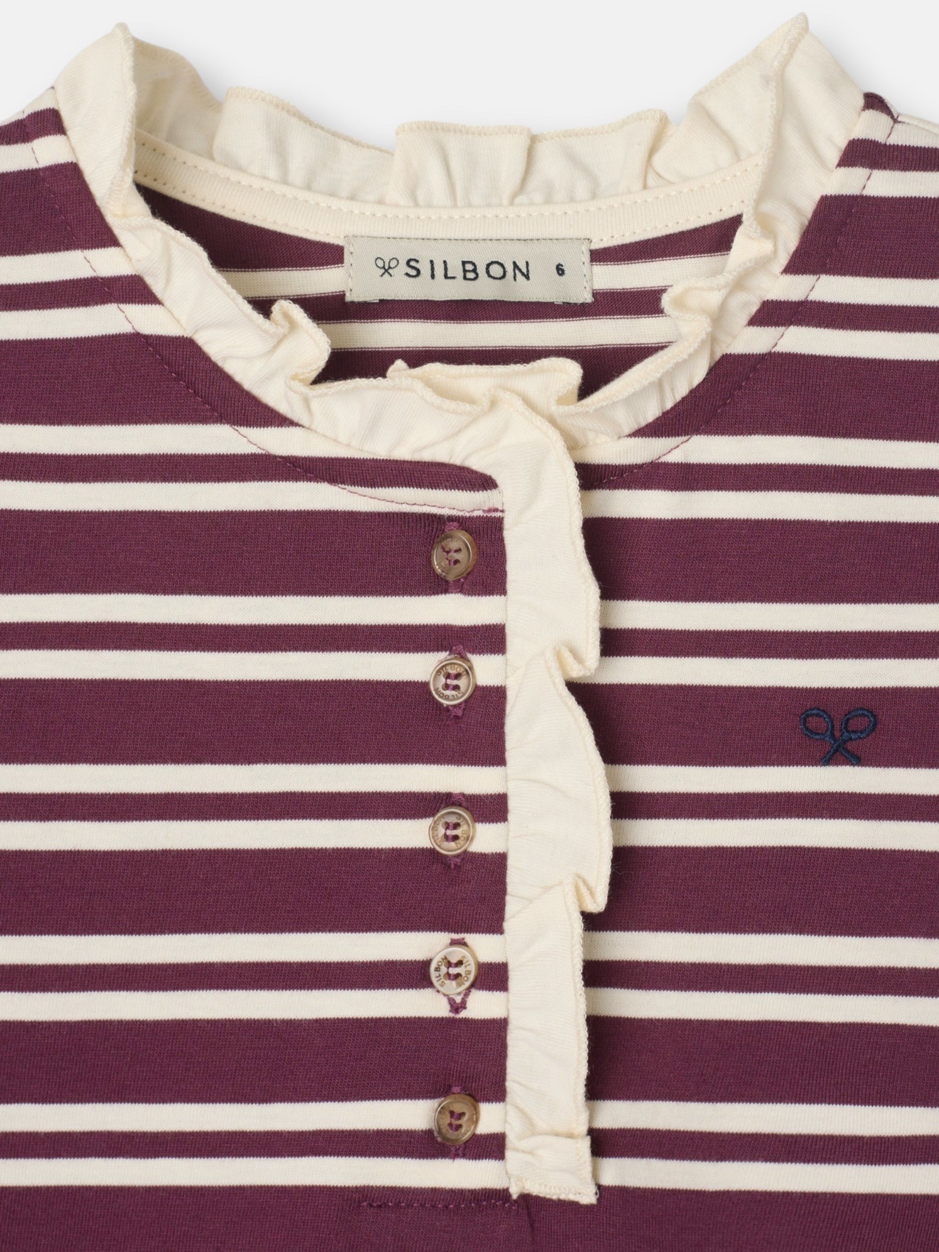 Camiseta girl cuello volante rayas granate y crudo