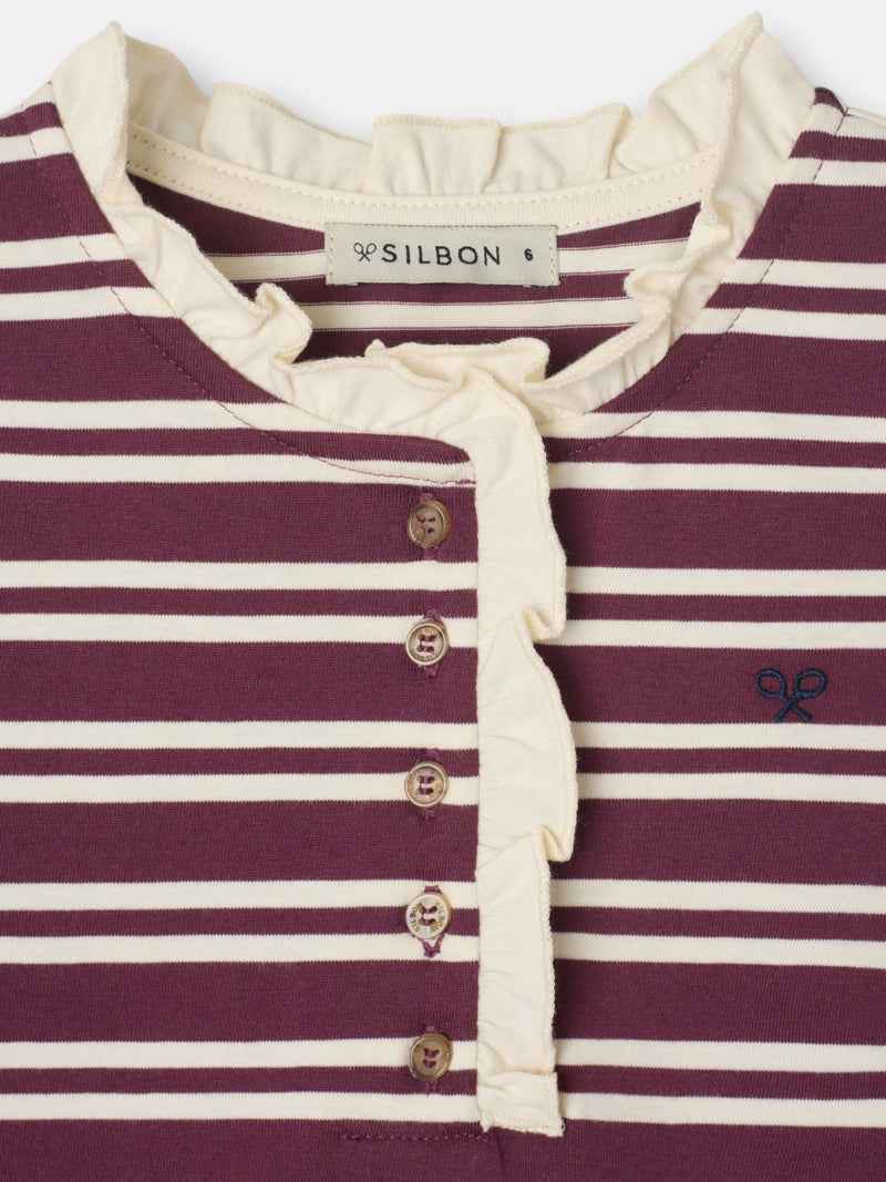 Girl's t-shirt with ruffled collar, burgundy and ecru stripes