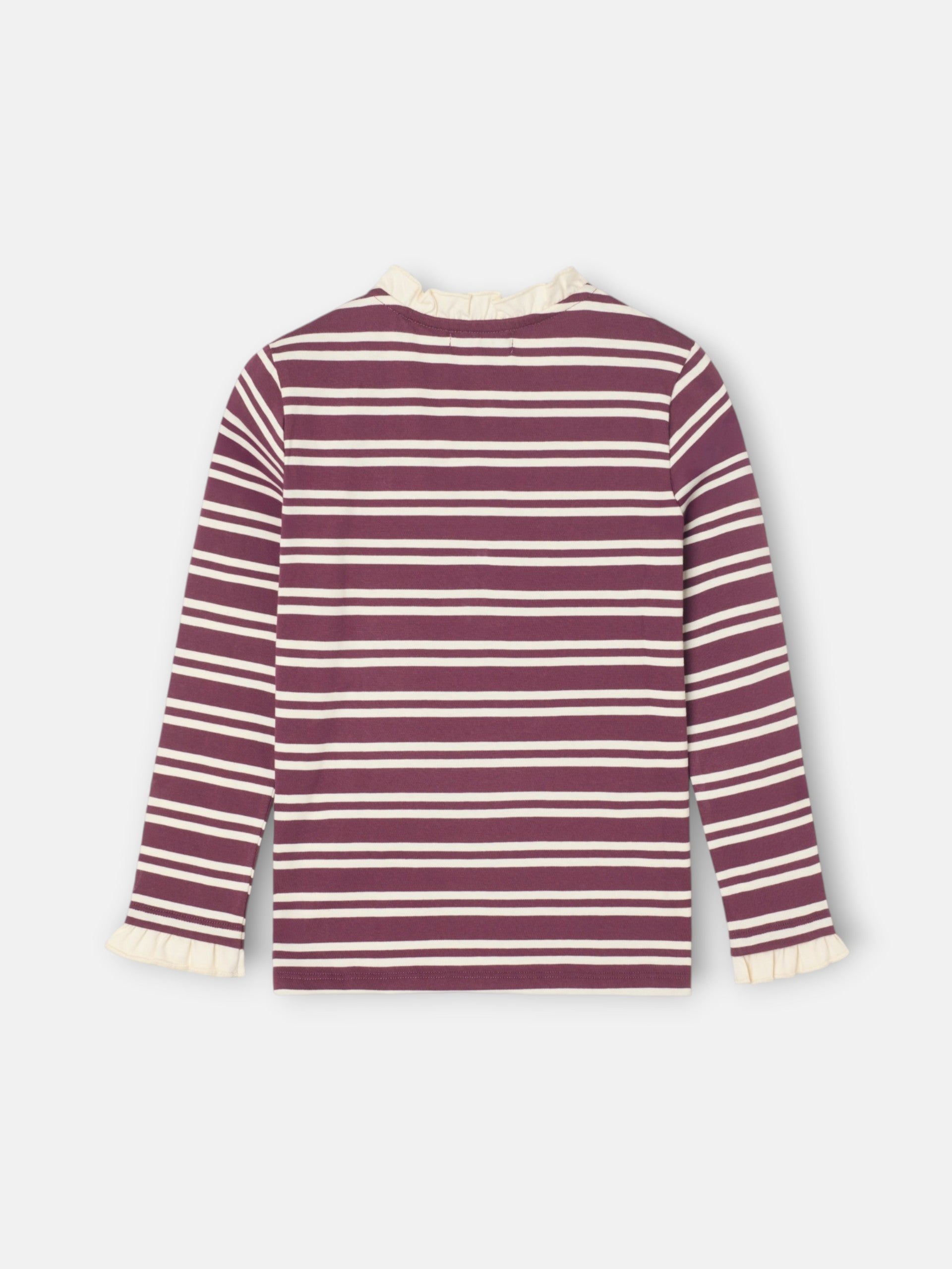 Camiseta girl cuello volante rayas granate y crudo
