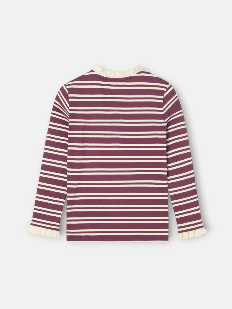 Girl's t-shirt with ruffled collar, burgundy and ecru stripes