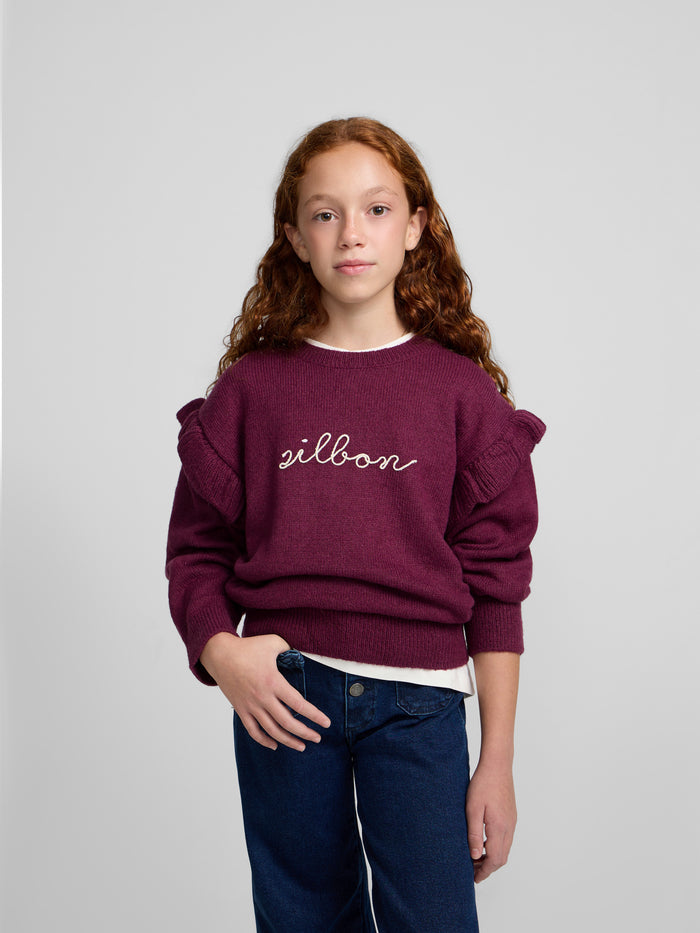 Purple Silbon ruffle girl sweater