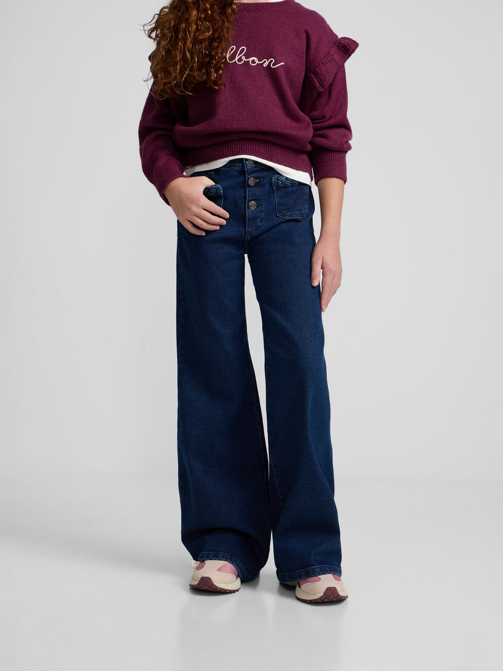 Girl's trousers with braided pocket in dark denim
