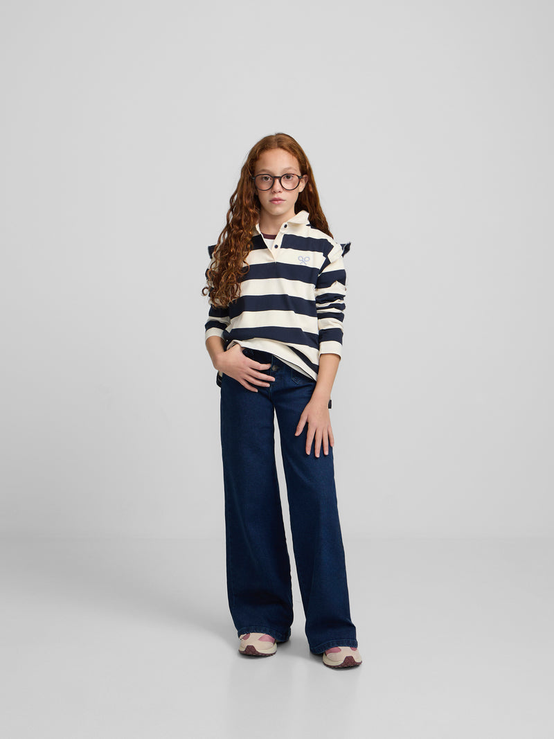 Polo de menina de manga comprida às riscas azul-marinho e cru
