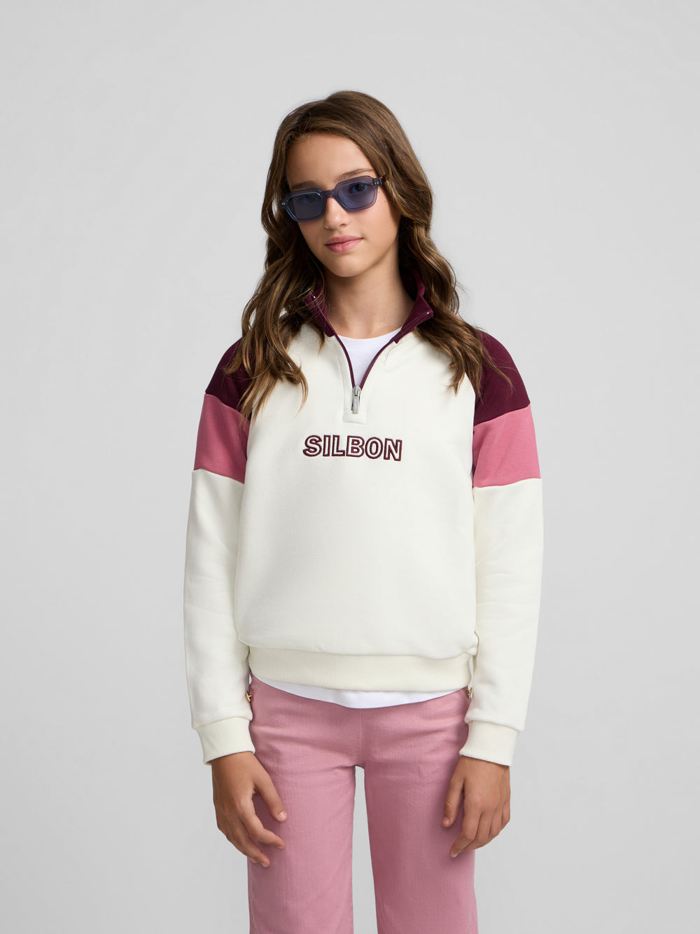 Girl's tricolor high-neck sweatshirt in pink and off-white