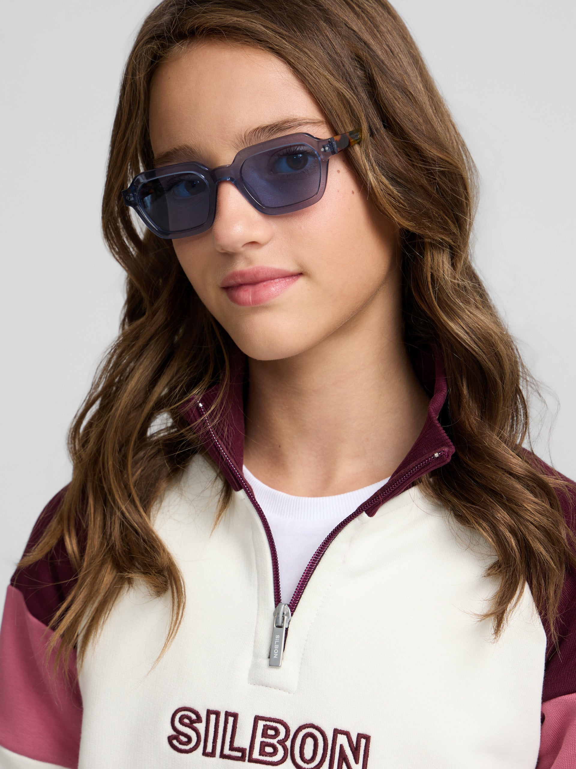Girl's tricolor high-neck sweatshirt in pink and off-white