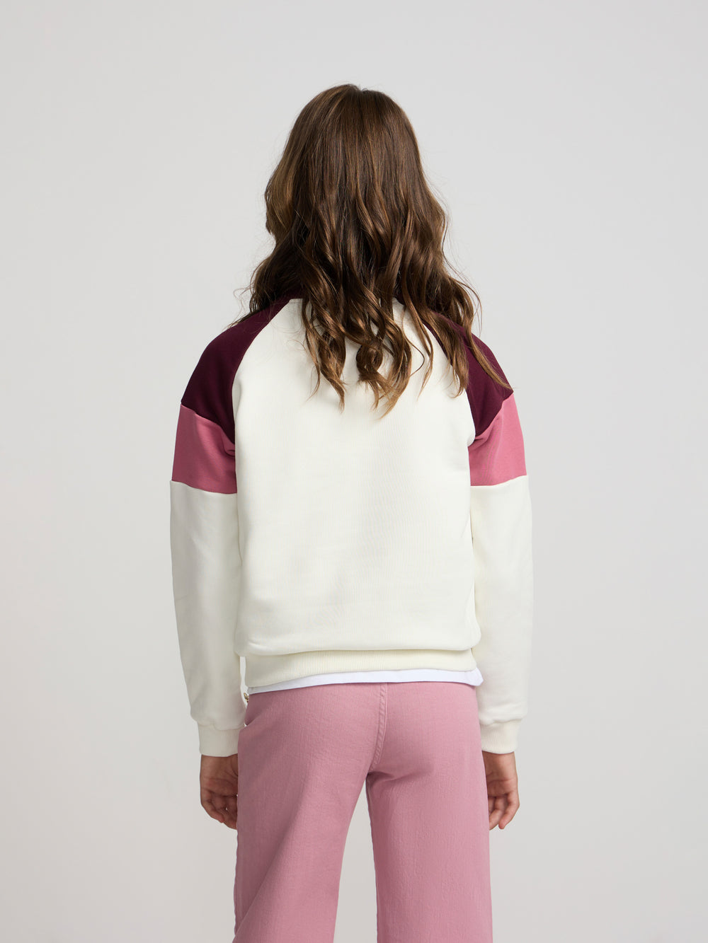 Girl's tricolor high-neck sweatshirt in pink and off-white