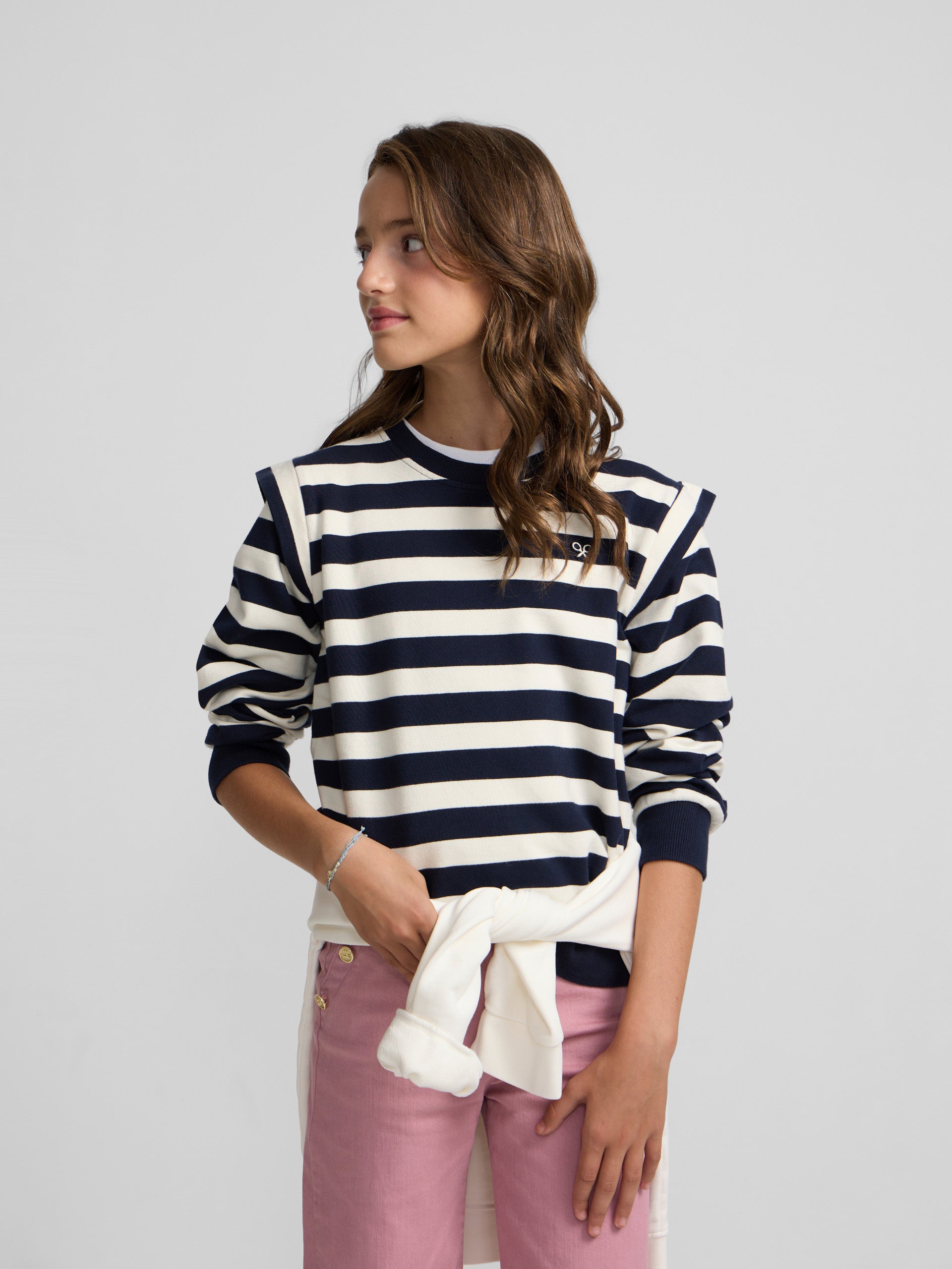 Girl's sweatshirt with shoulder pads, navy and ecru stripes