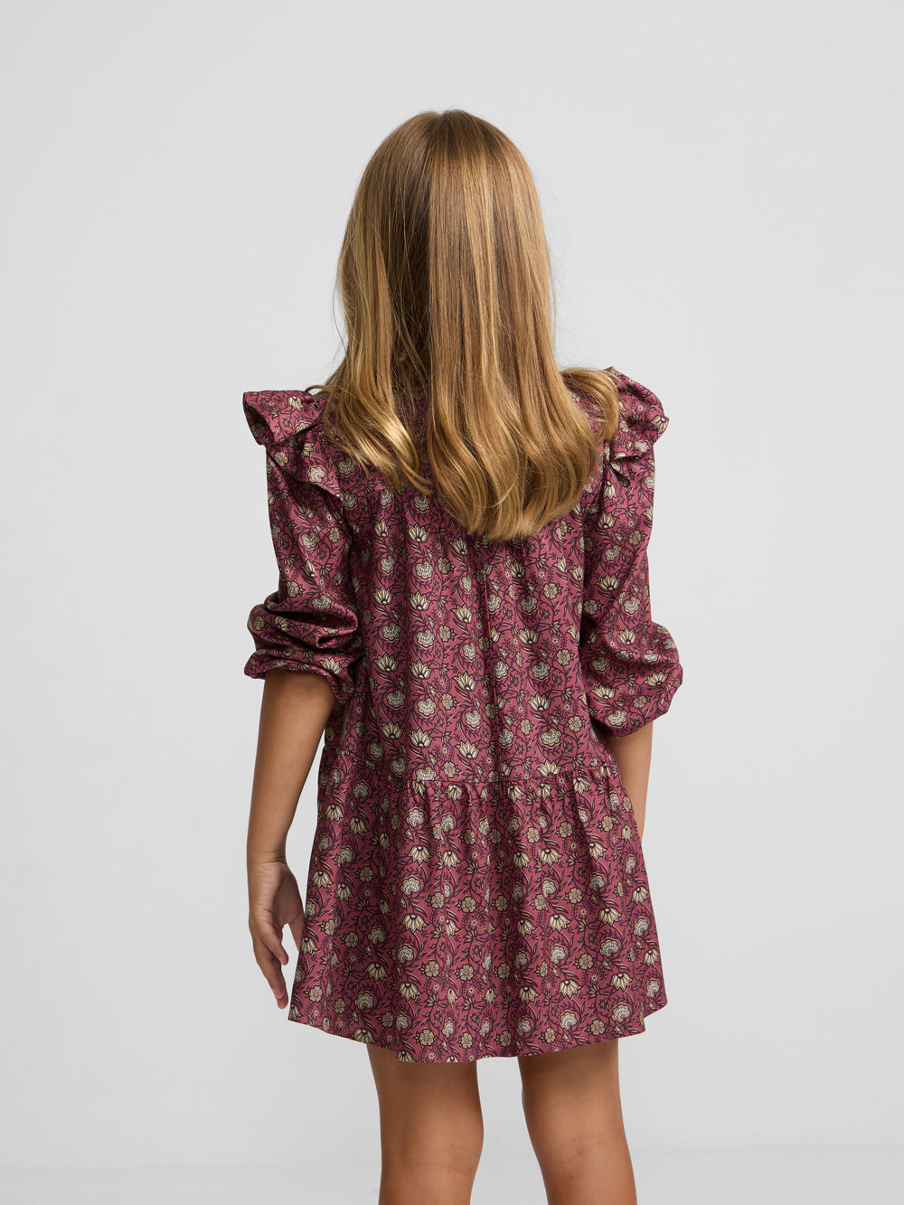 Robe fille à volants imprimé bordeaux