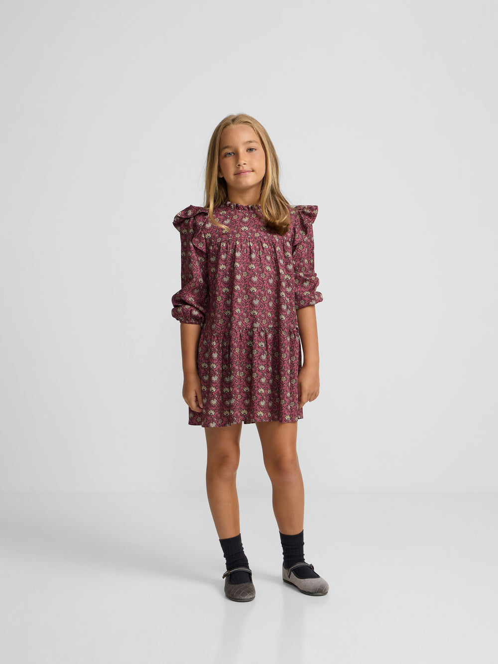 Robe fille à volants imprimé bordeaux