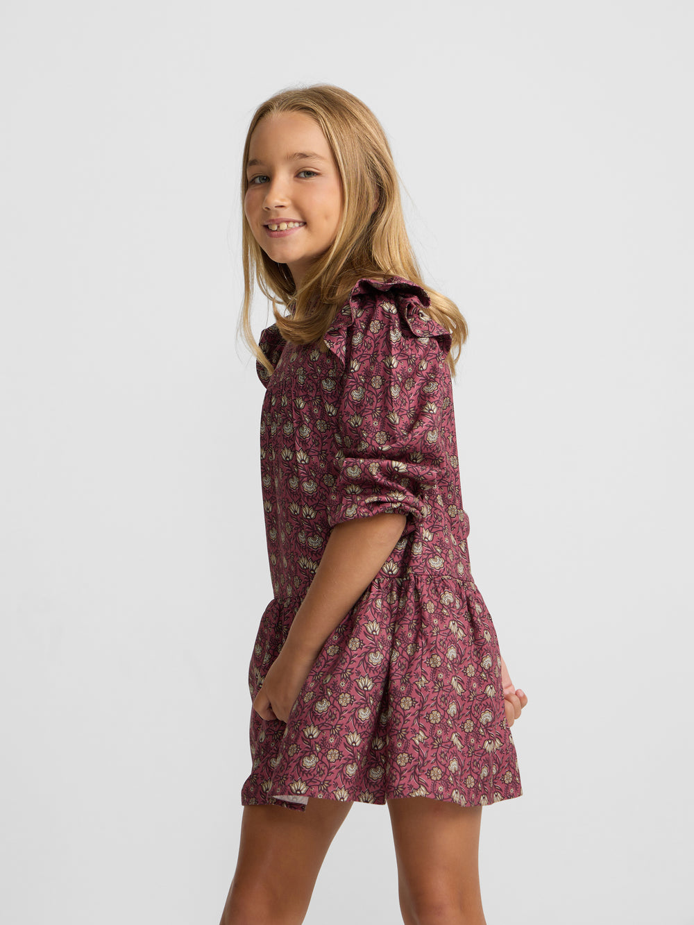 Robe fille à volants imprimé bordeaux