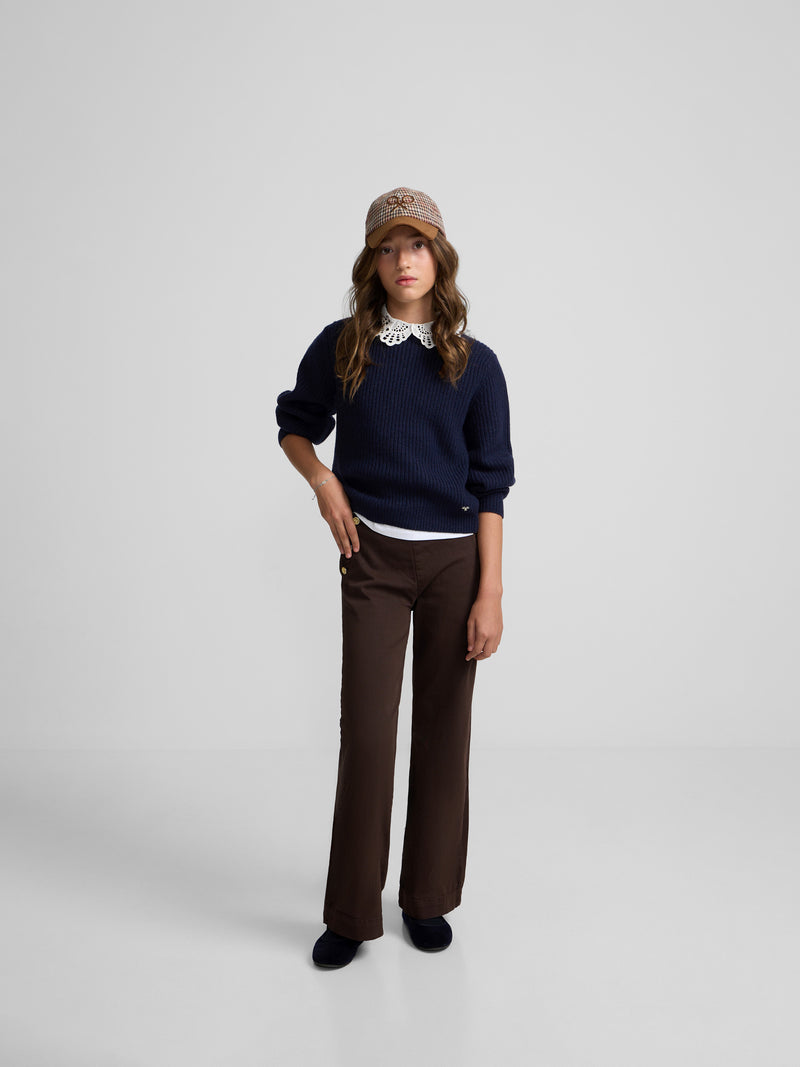 Navy blue girl's sweater with Peter Pan collar