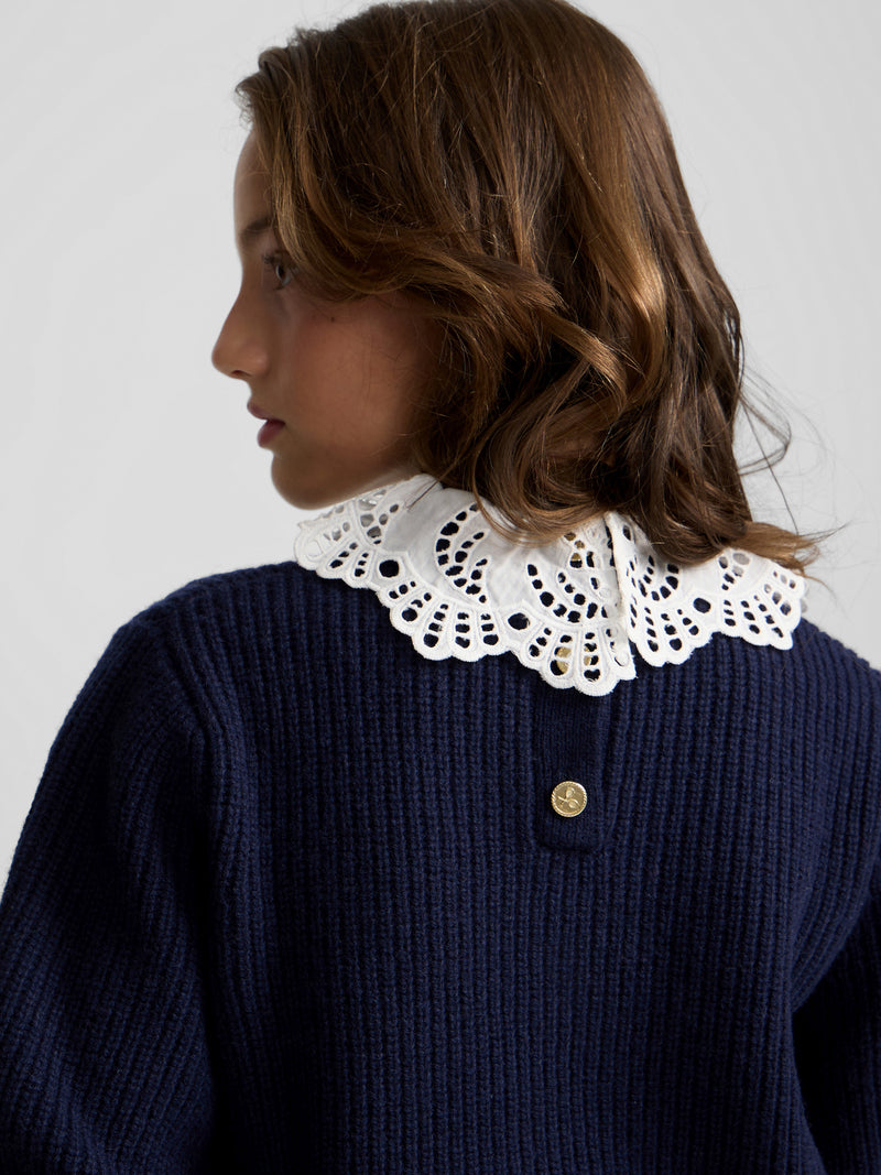 Navy blue girl's sweater with Peter Pan collar