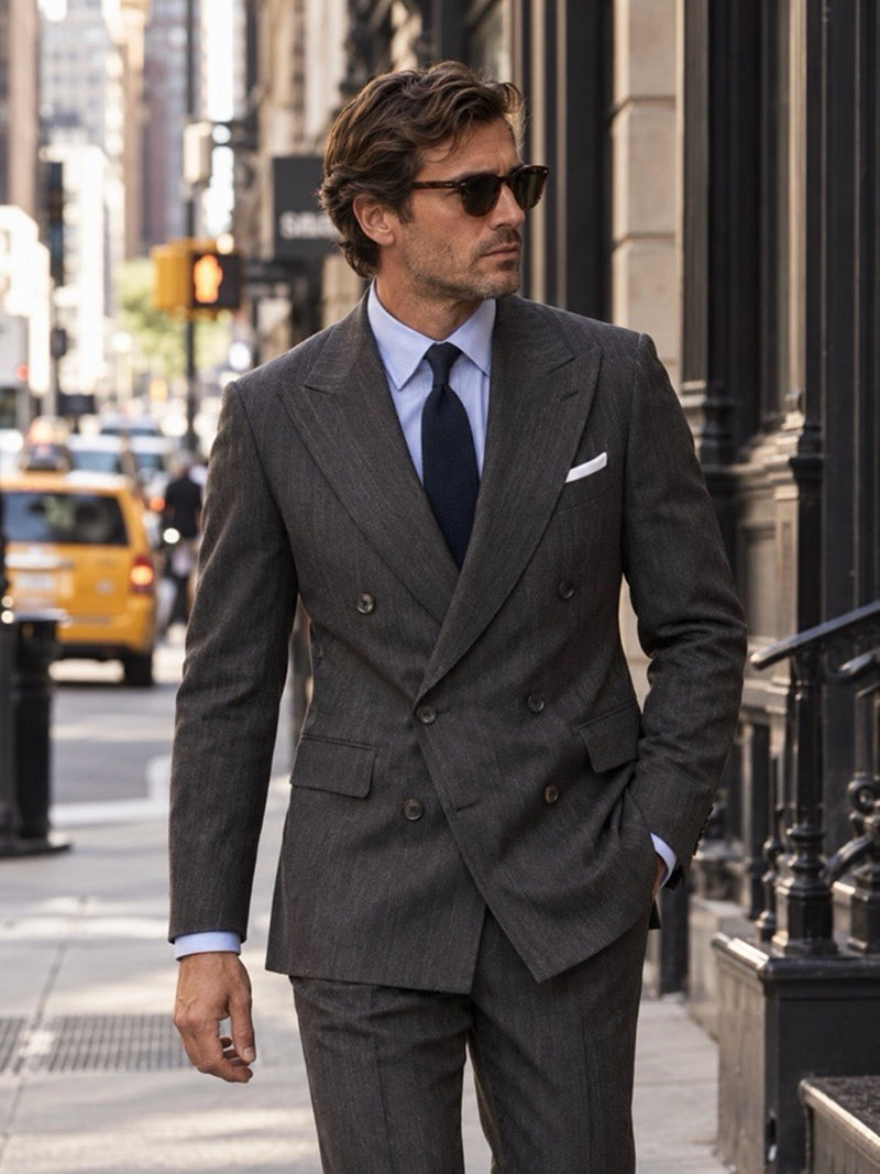Americana cruzada traje herringbone gris
