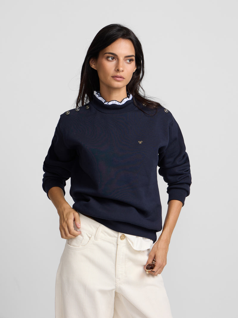 Women's sweatshirt with ruffled collar and buttons in navy blue