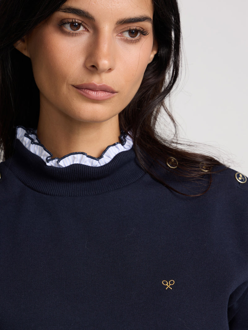 Women's sweatshirt with ruffled collar and buttons in navy blue