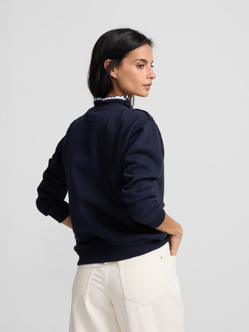 Women's sweatshirt with ruffled collar and buttons in navy blue