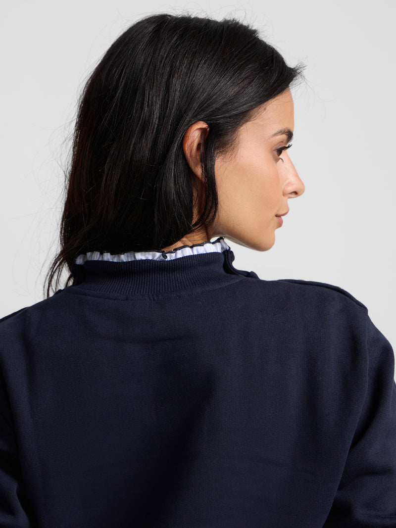 Women's sweatshirt with ruffled collar and buttons in navy blue