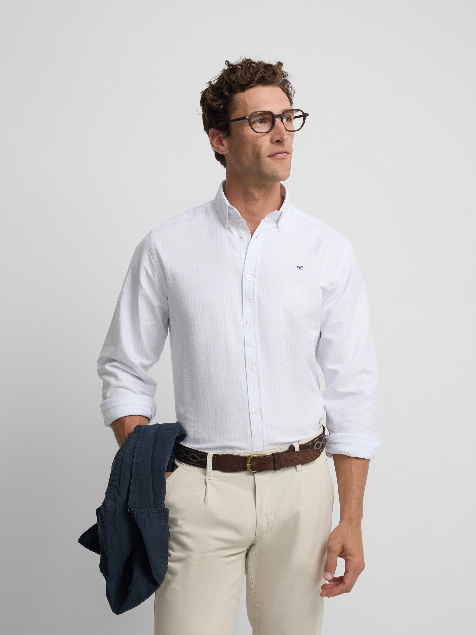 Camisa sport oxford rayas celestes blanca