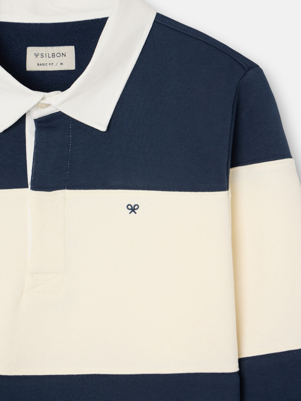 Sweat-shirt à col polo à larges rayures bleu marine