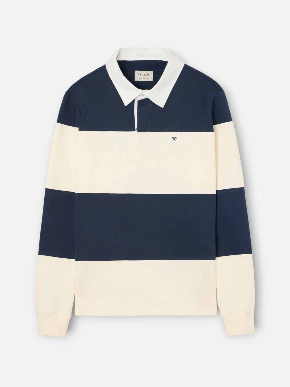 Sweat-shirt à col polo à larges rayures bleu marine