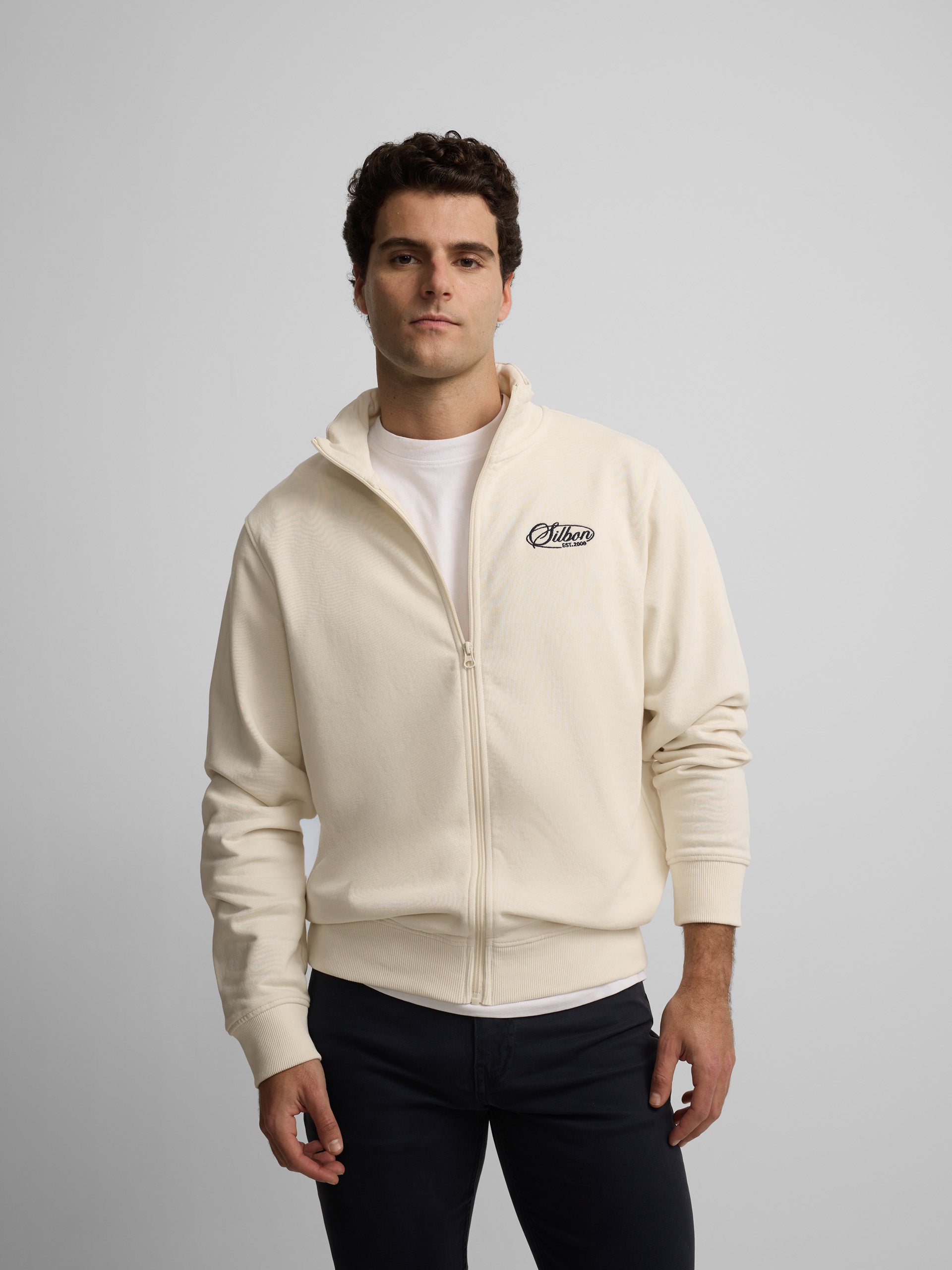 Cream embroidered zip-up sweatshirt