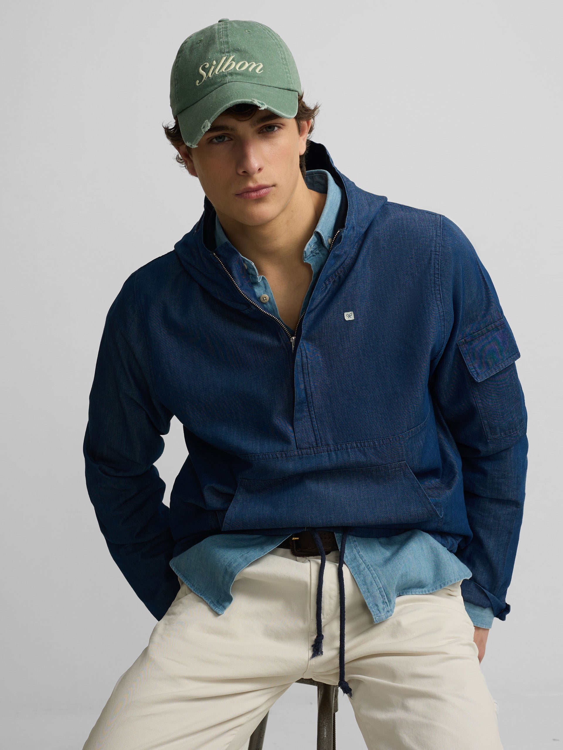 Blue denim windbreaker with hood