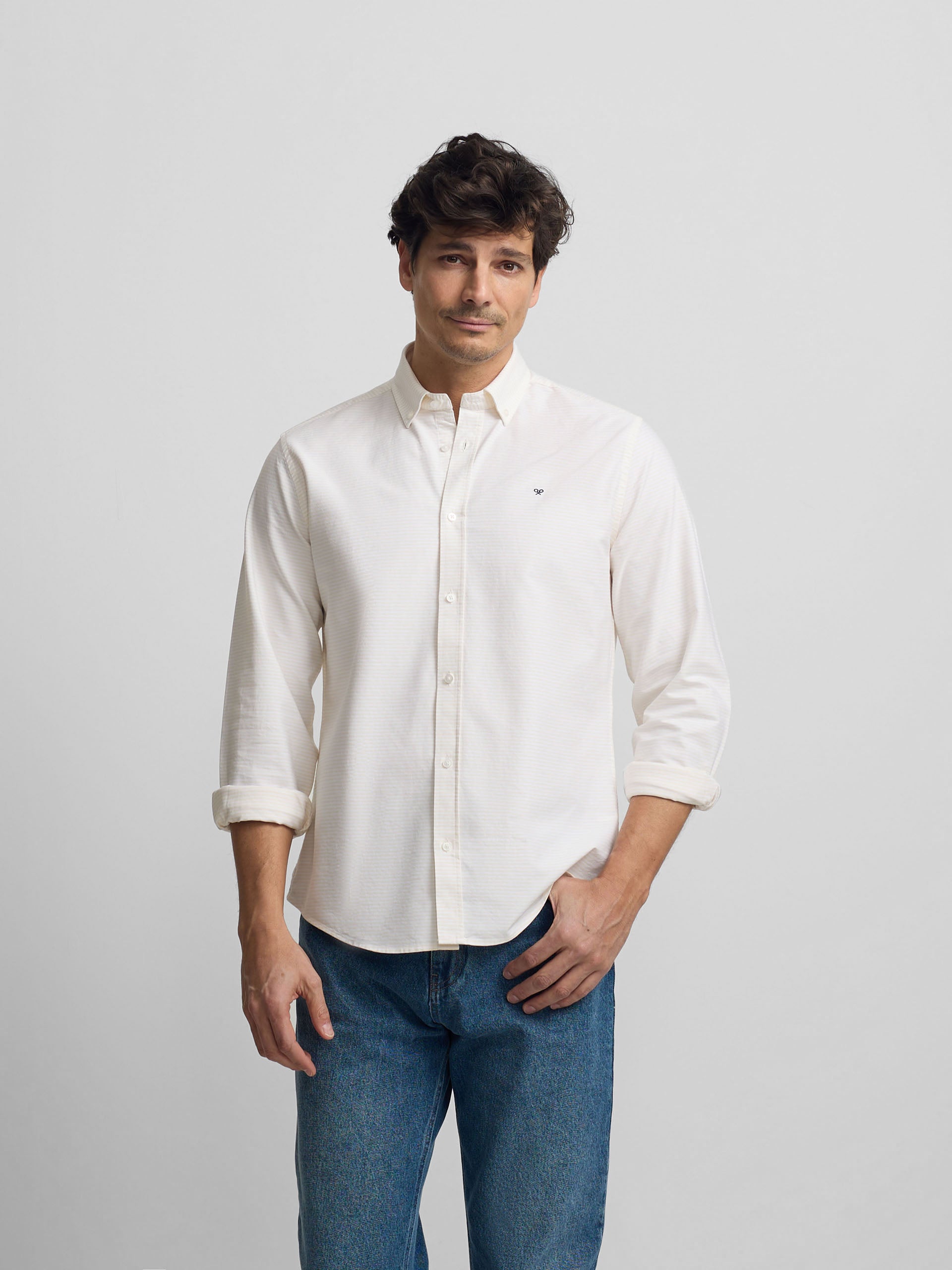 Camisa sport oxford riscas horizontais amarelas