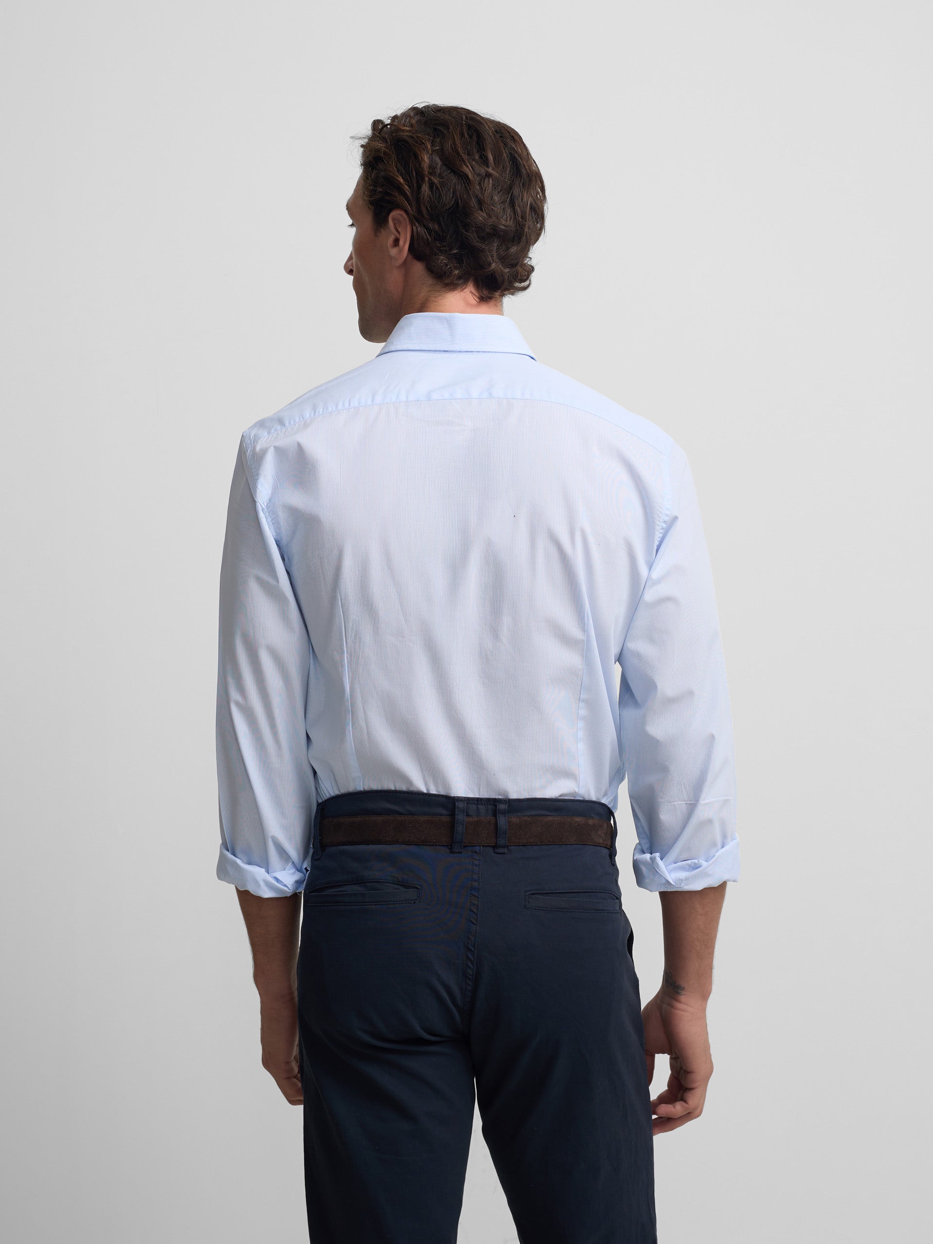 Camisa sport clássica multirriscas azul-claro